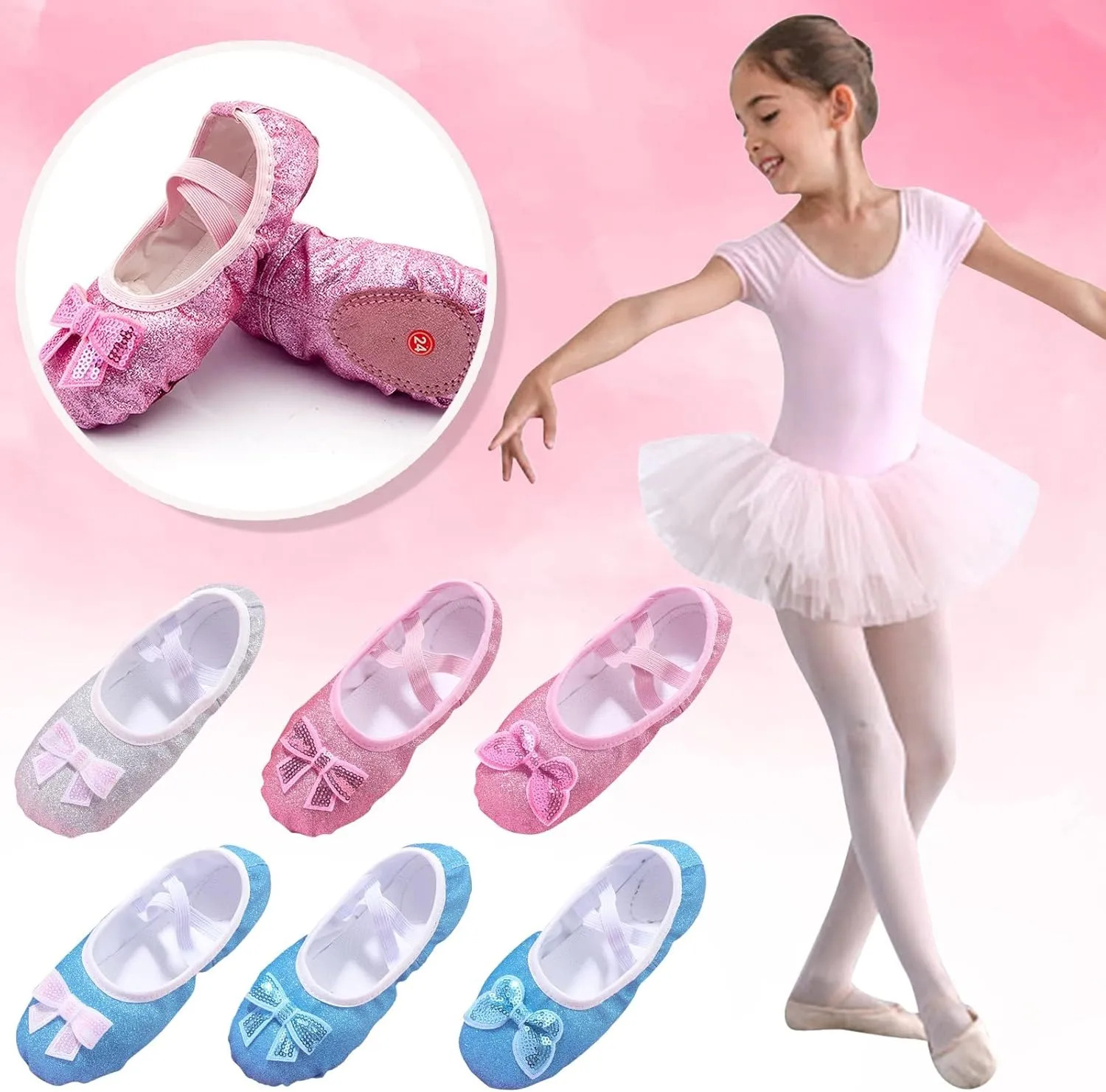 Ballet Shoes for Toddler Girls Glitter Ballet Slippers Dance Shoes(Toddler/Little/Big Kids) Pin Ballet Flat