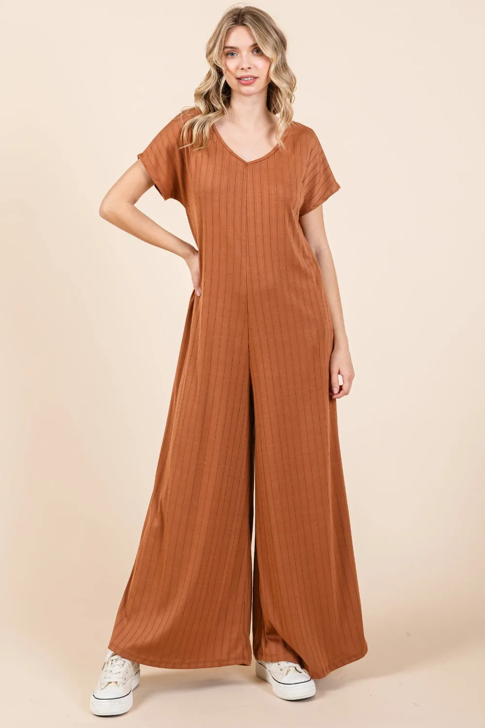 BOMBOM Executive Behavior Ribbed Short Sleeve Wide Leg Jumpsuit - BP