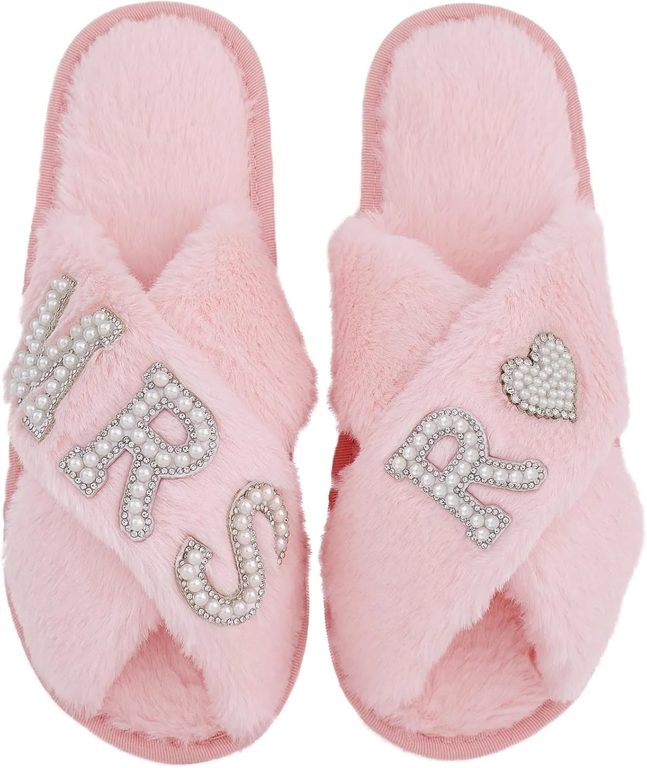 Bride Slippers for Wedding Day, Bride To Be Bridal Shower Gift for Women Bridesmaids, Personalized Initial MRS Pearl Letter Open Toe Fuzzy Flip Flops, Getting Ready Outfit, Bachelorette Party