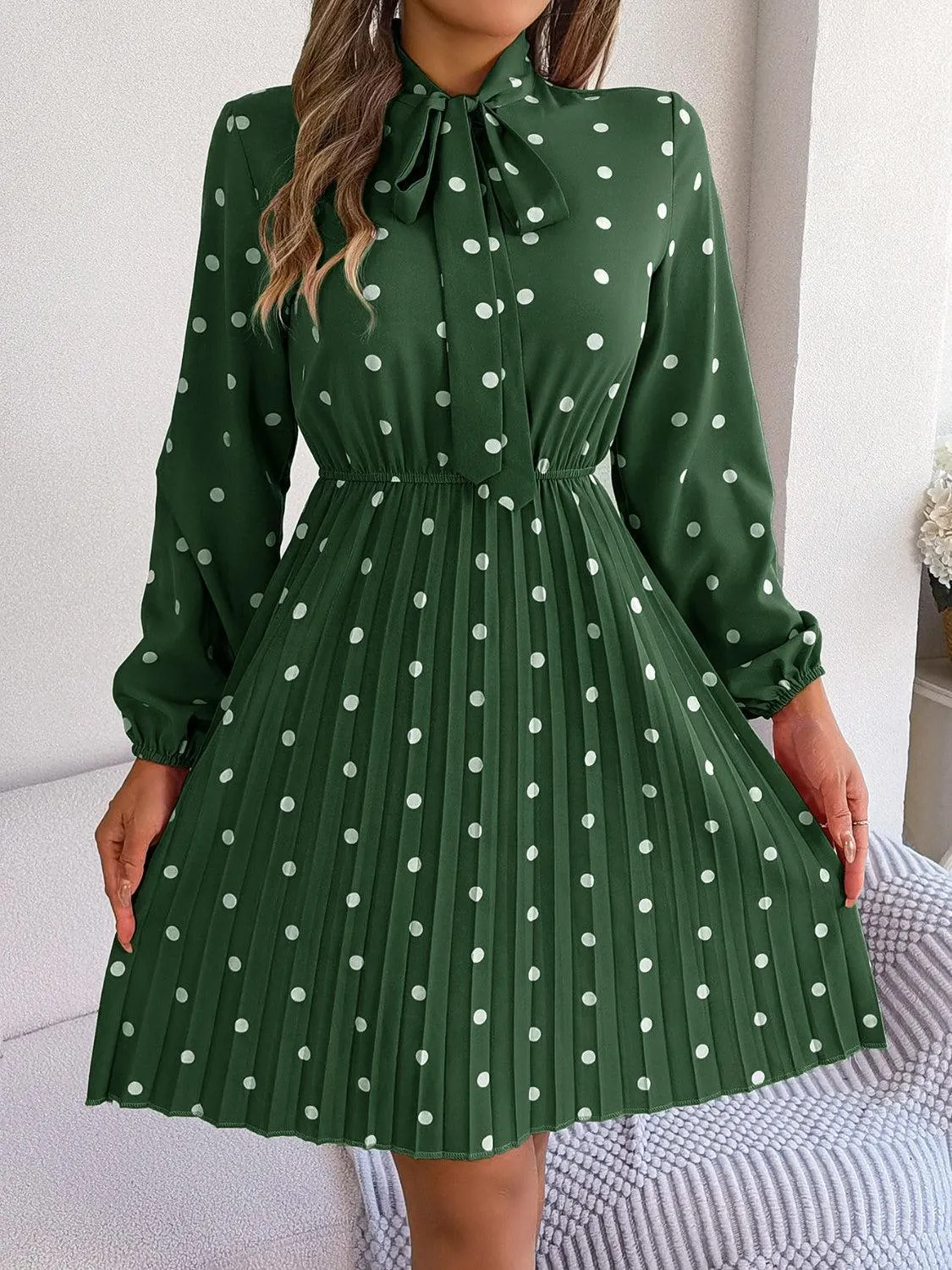 Classic Tie Mock Neck Pleated Polka Dot Dress