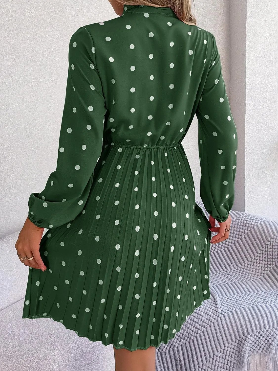 Classic Tie Mock Neck Pleated Polka Dot Dress