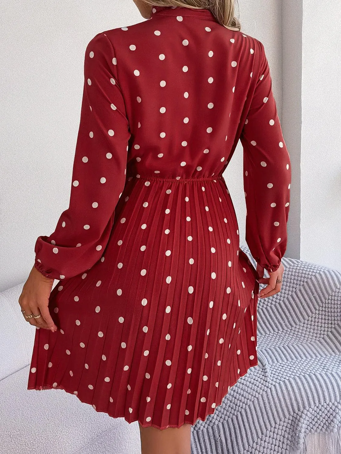 Classic Tie Mock Neck Pleated Polka Dot Dress