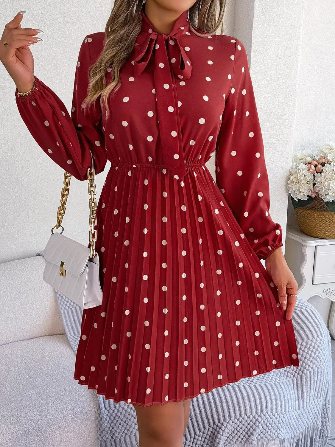 Classic Tie Mock Neck Pleated Polka Dot Dress