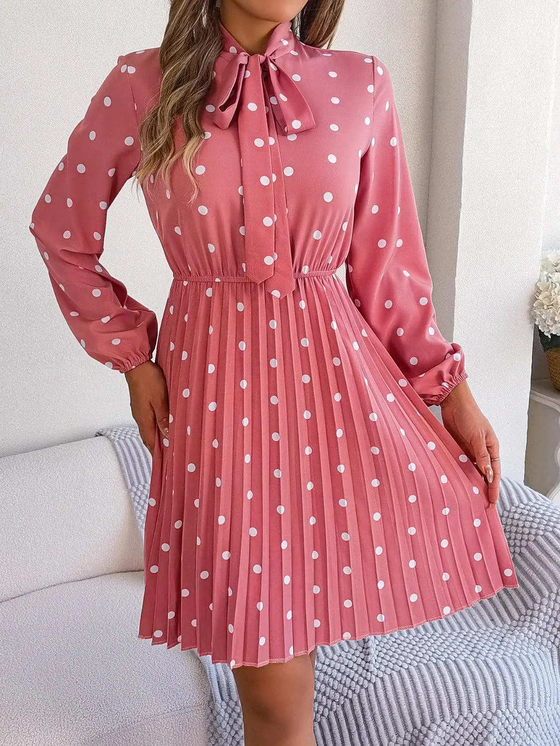 Classic Tie Mock Neck Pleated Polka Dot Dress