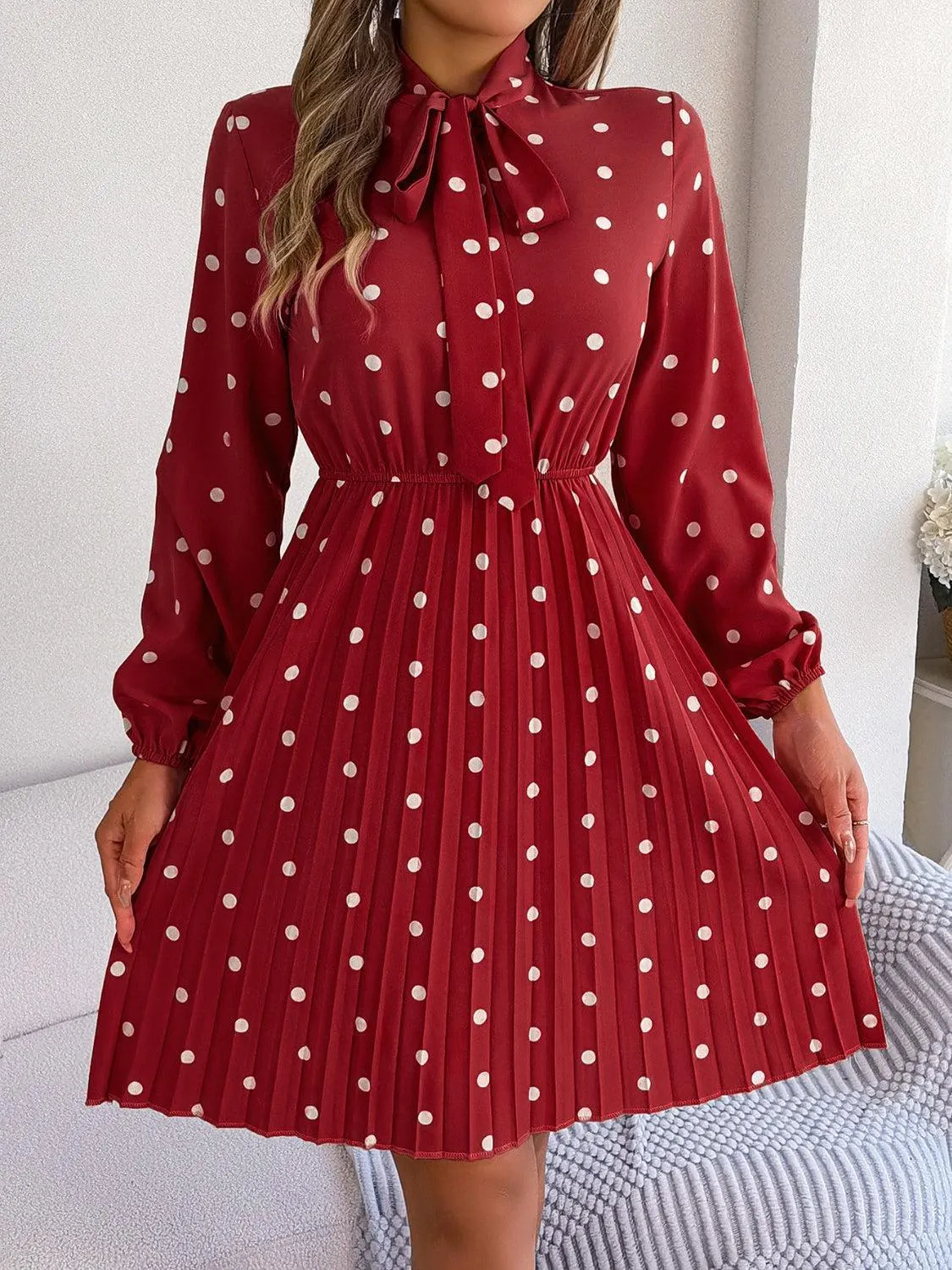 Classic Tie Mock Neck Pleated Polka Dot Dress