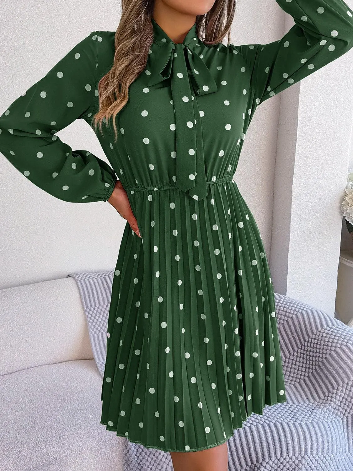 Classic Tie Mock Neck Pleated Polka Dot Dress