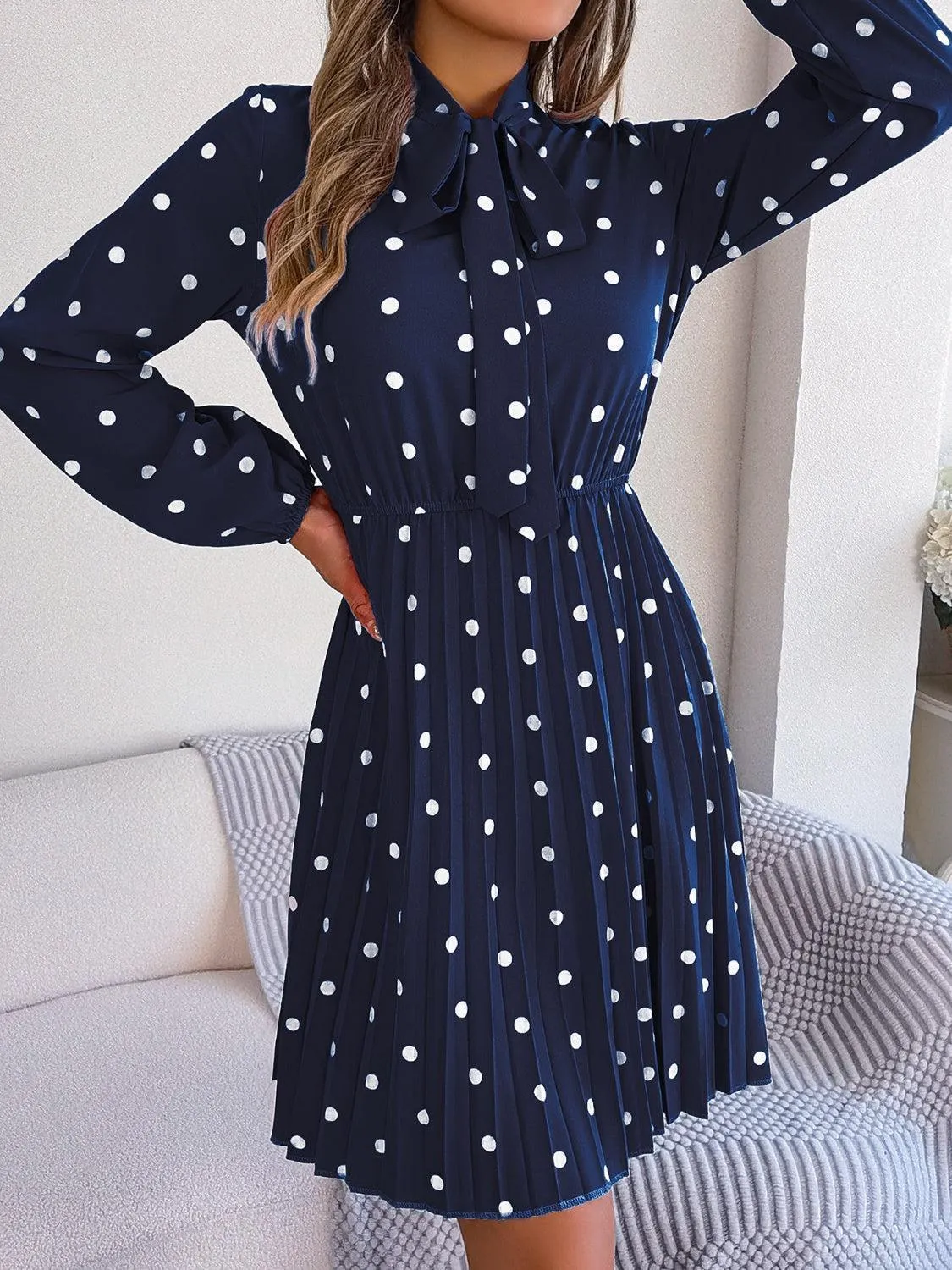 Classic Tie Mock Neck Pleated Polka Dot Dress