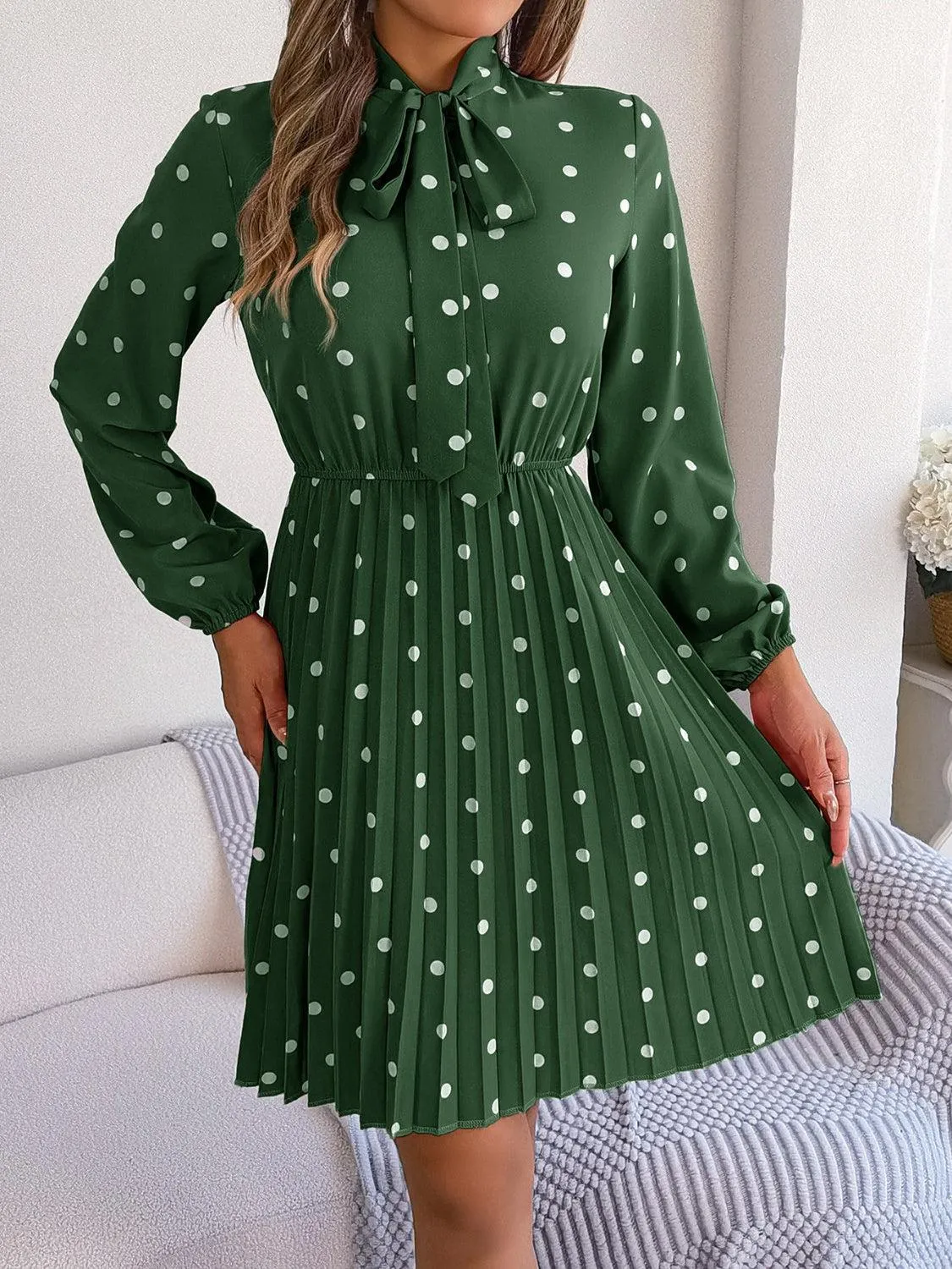 Classic Tie Mock Neck Pleated Polka Dot Dress