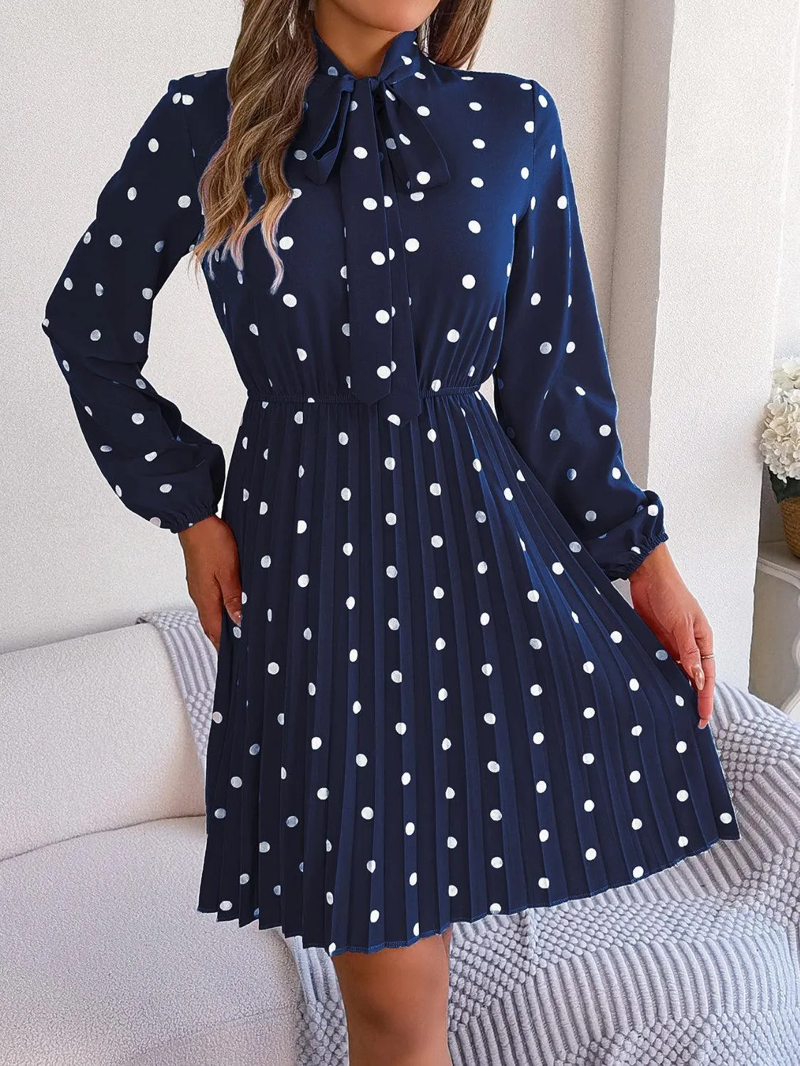 Classic Tie Mock Neck Pleated Polka Dot Dress