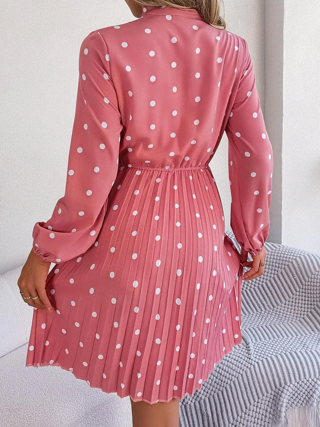 Classic Tie Mock Neck Pleated Polka Dot Dress