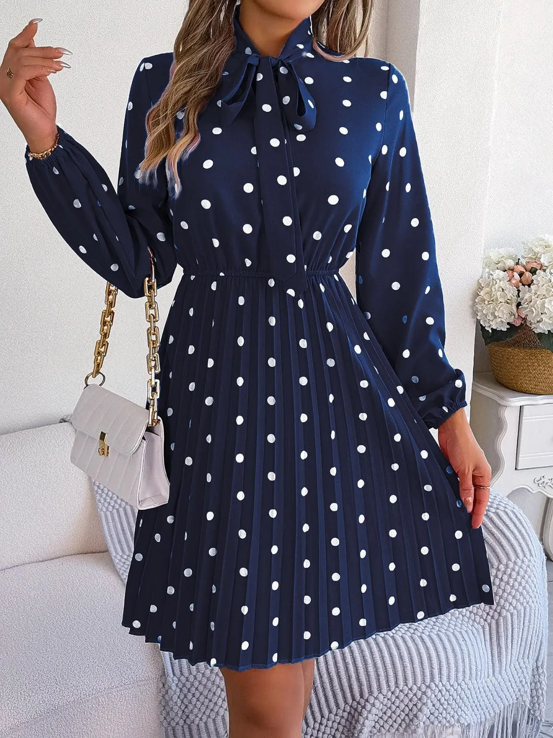 Classic Tie Mock Neck Pleated Polka Dot Dress