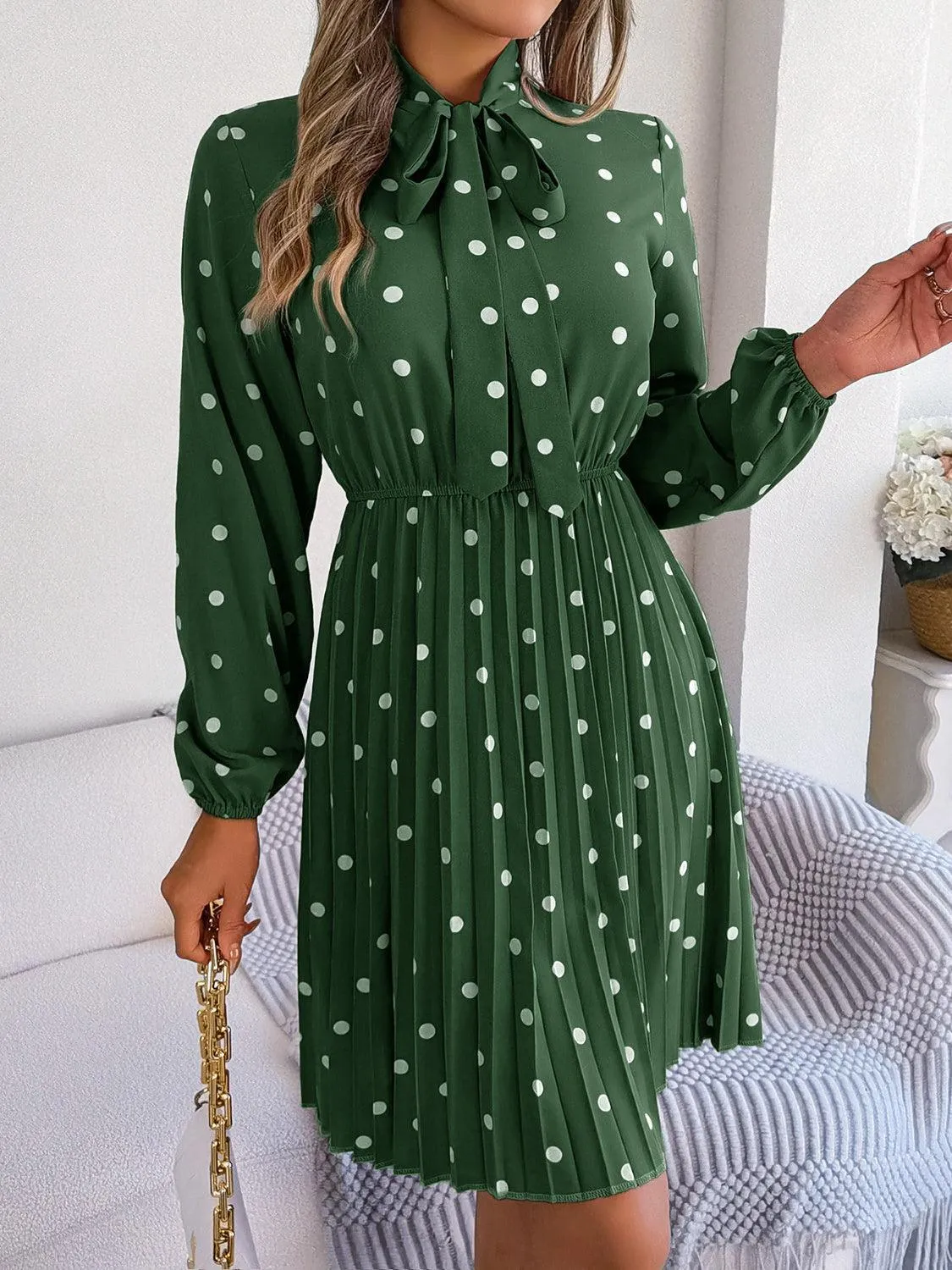 Classic Tie Mock Neck Pleated Polka Dot Dress