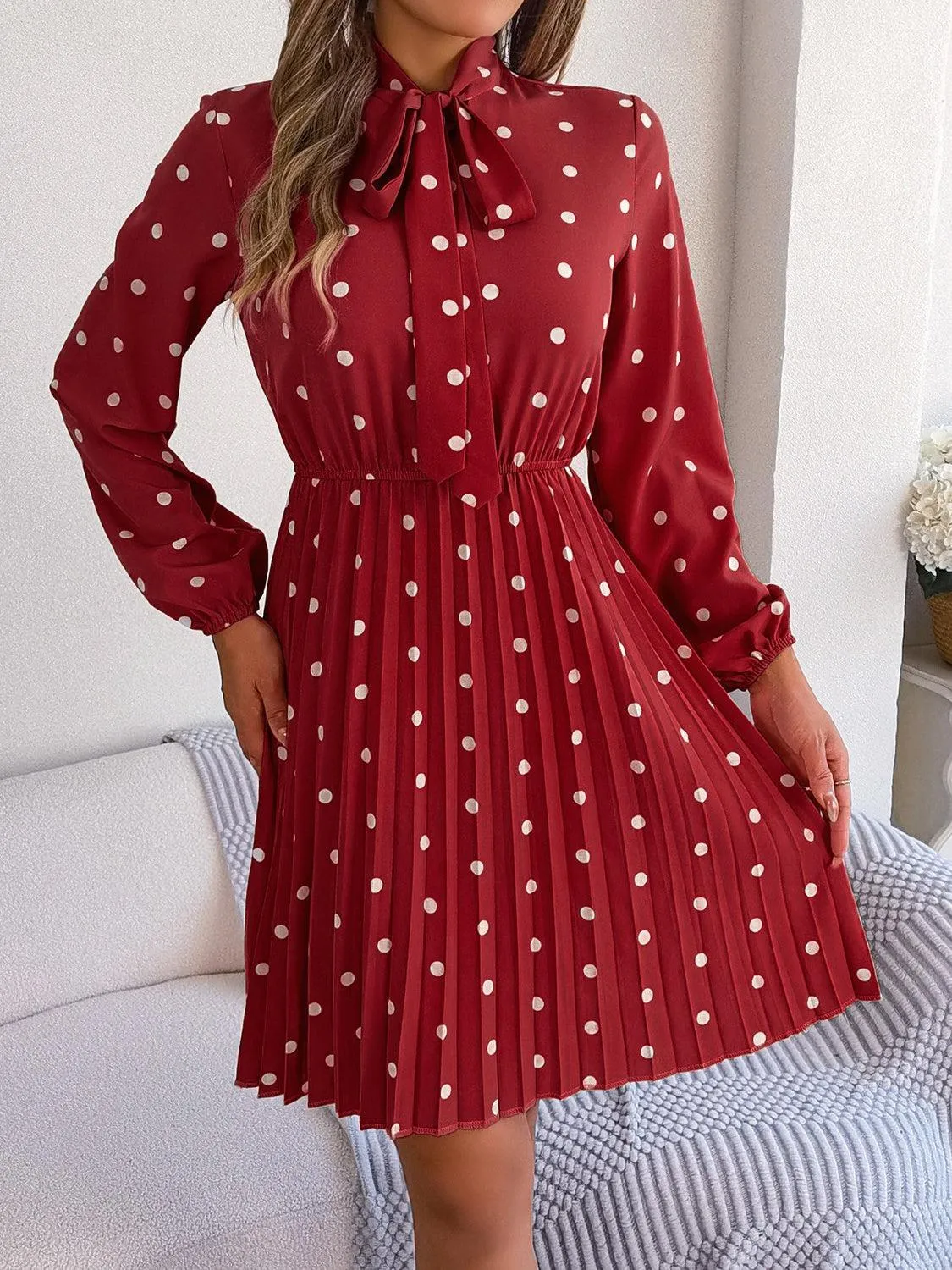 Classic Tie Mock Neck Pleated Polka Dot Dress