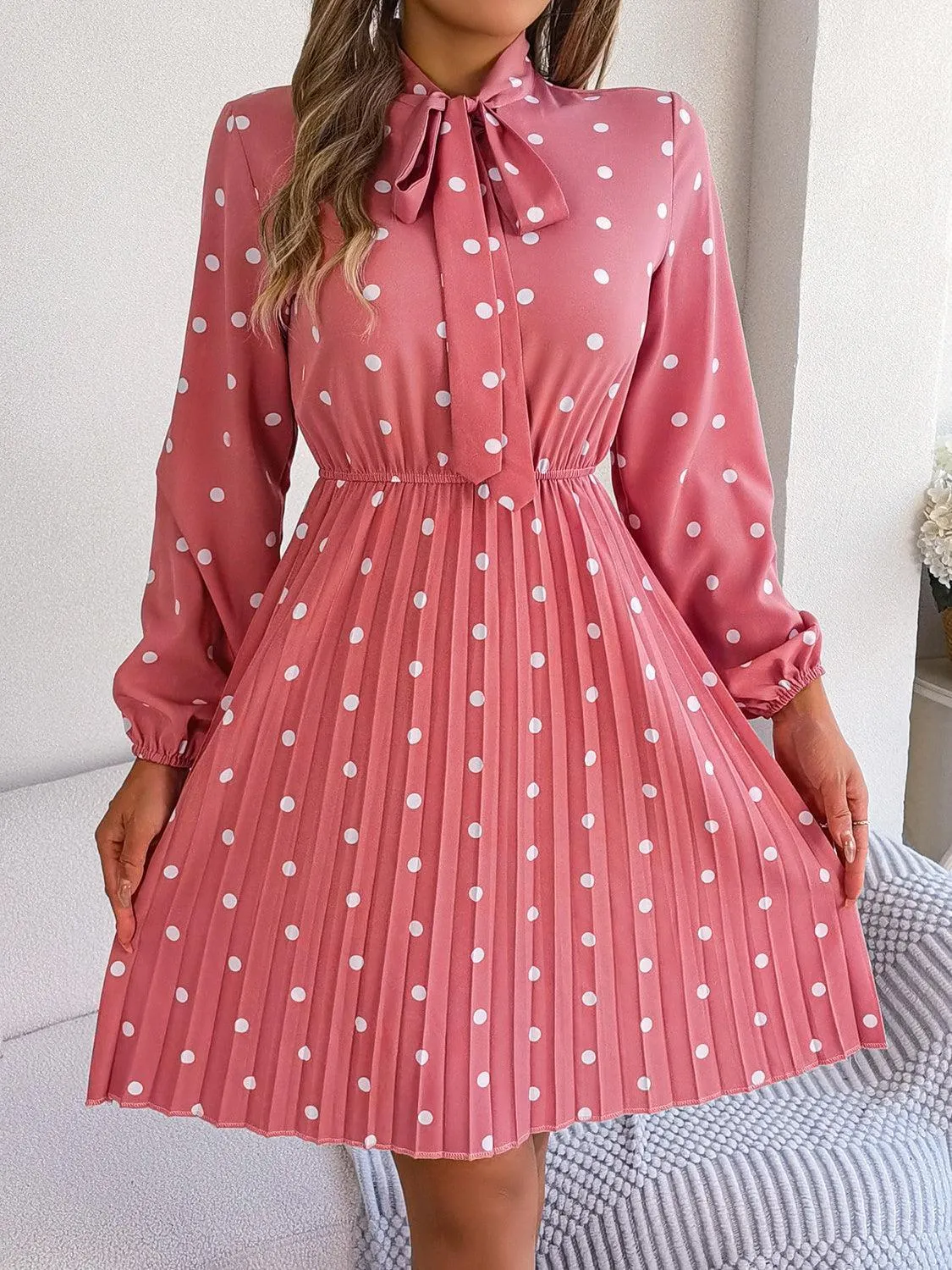 Classic Tie Mock Neck Pleated Polka Dot Dress