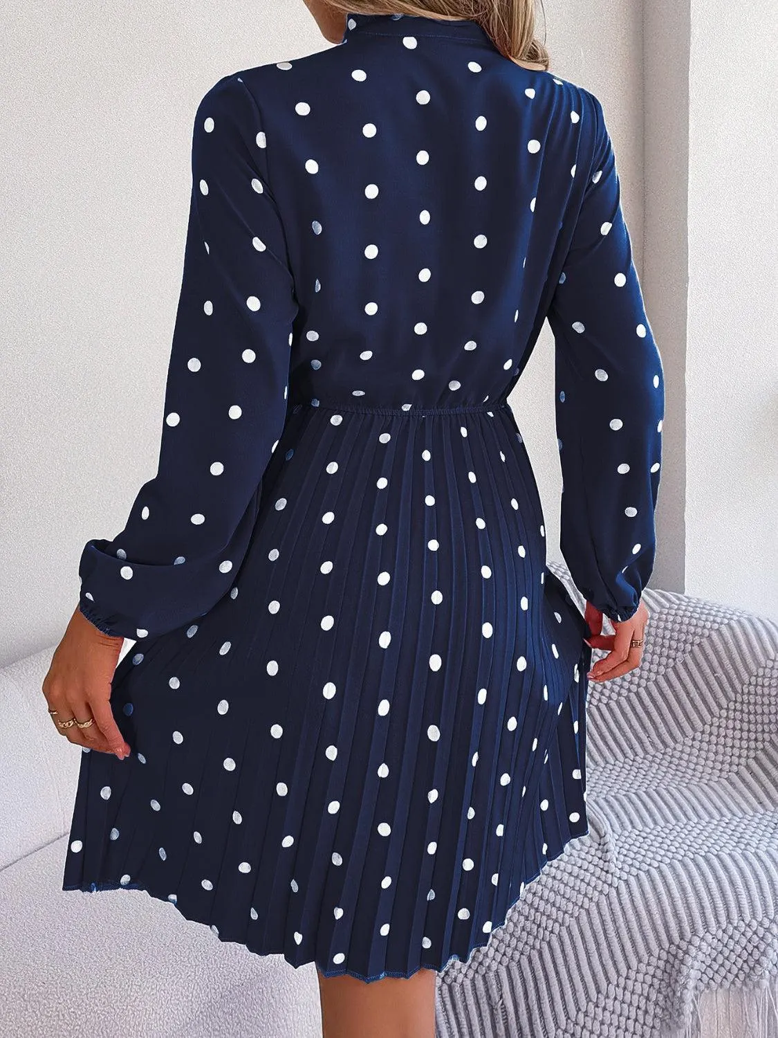 Classic Tie Mock Neck Pleated Polka Dot Dress