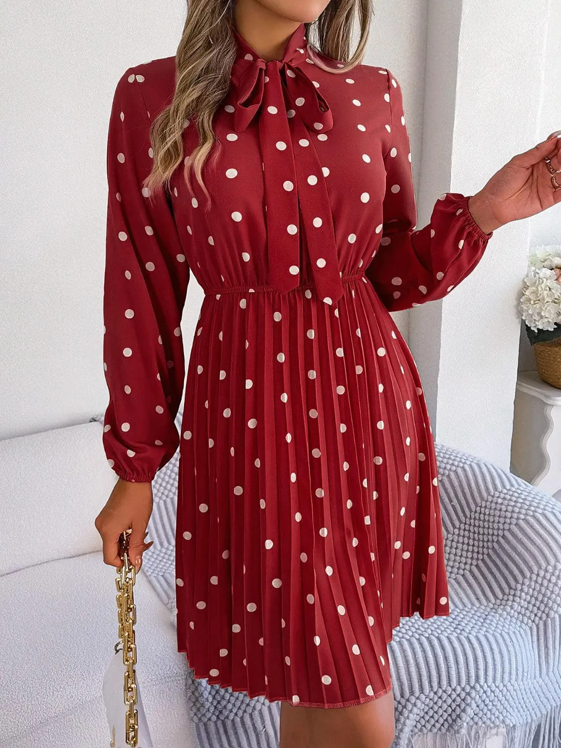 Classic Tie Mock Neck Pleated Polka Dot Dress