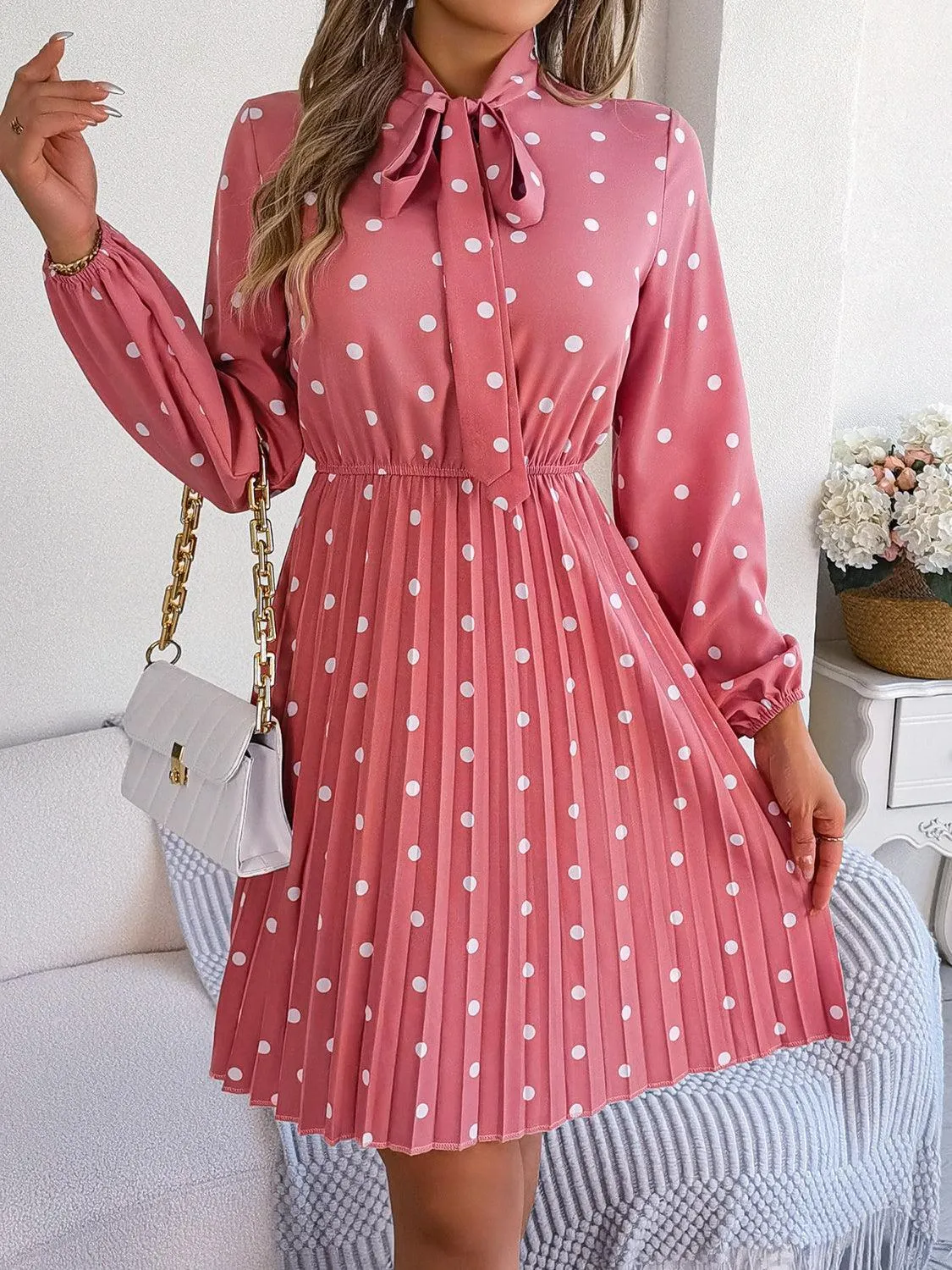 Classic Tie Mock Neck Pleated Polka Dot Dress