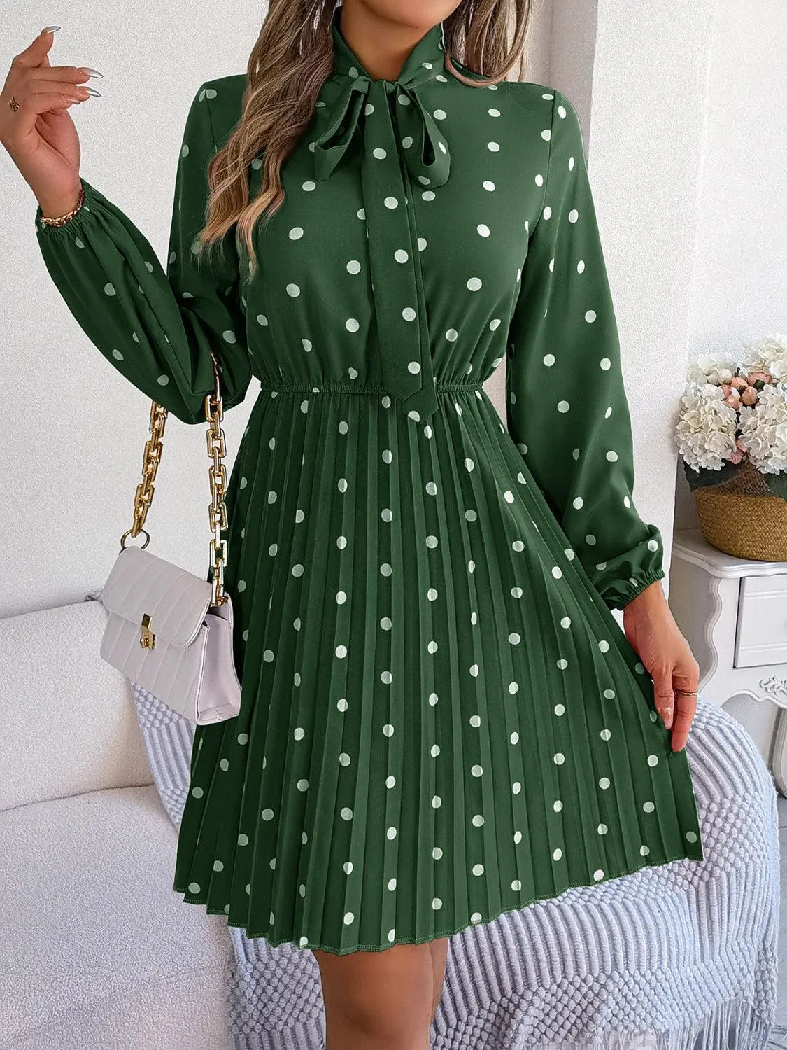 Classic Tie Mock Neck Pleated Polka Dot Dress