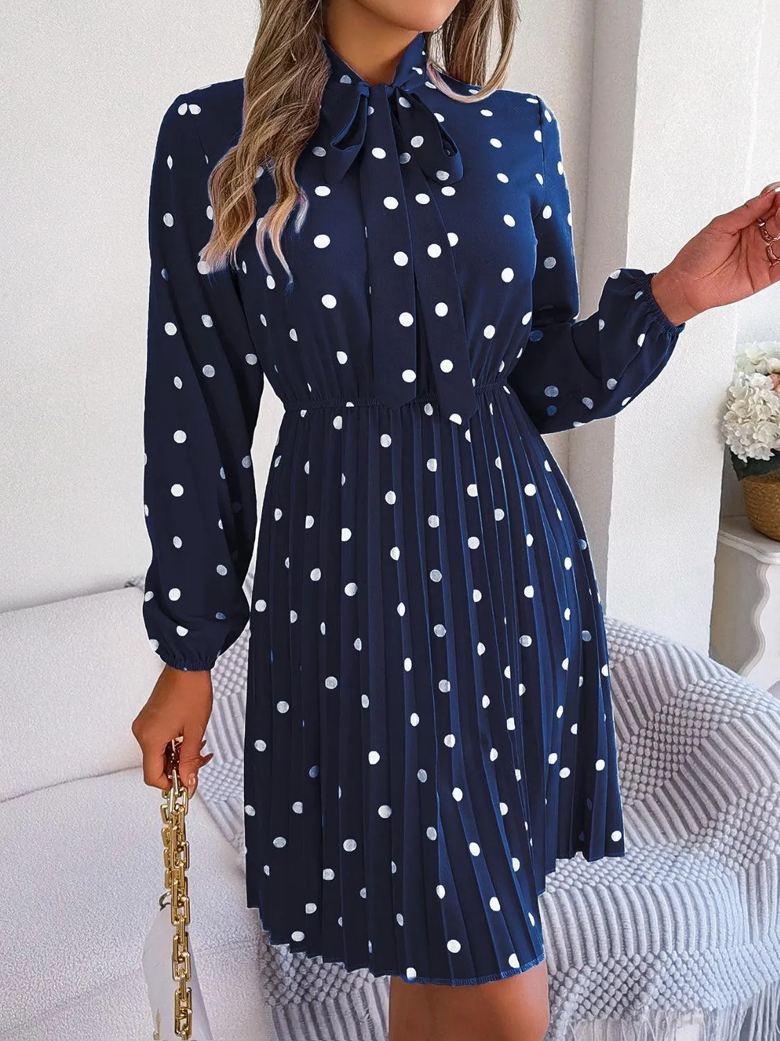 Classic Tie Mock Neck Pleated Polka Dot Dress