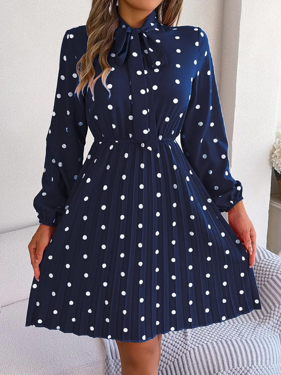 Classic Tie Mock Neck Pleated Polka Dot Dress