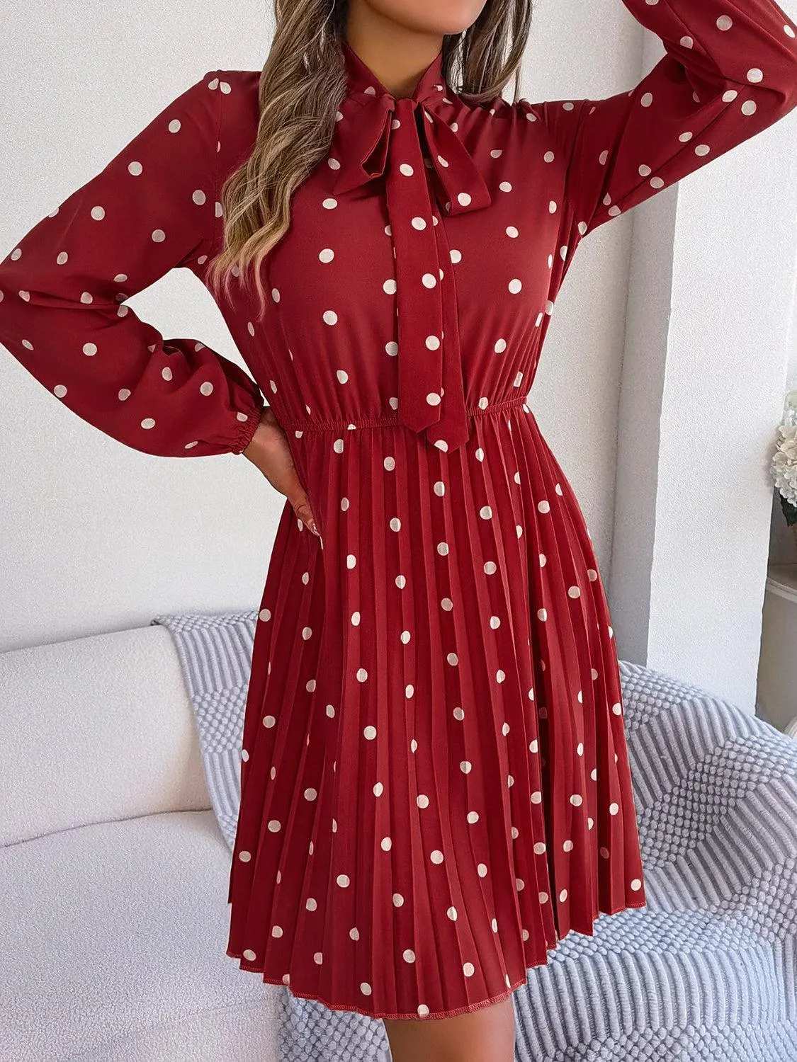 Classic Tie Mock Neck Pleated Polka Dot Dress