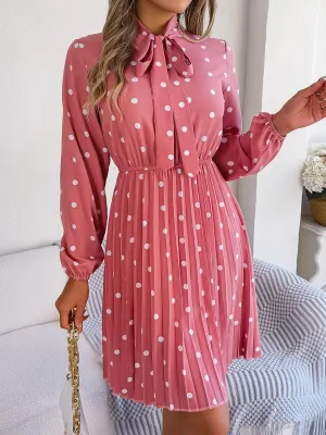 Classic Tie Mock Neck Pleated Polka Dot Dress