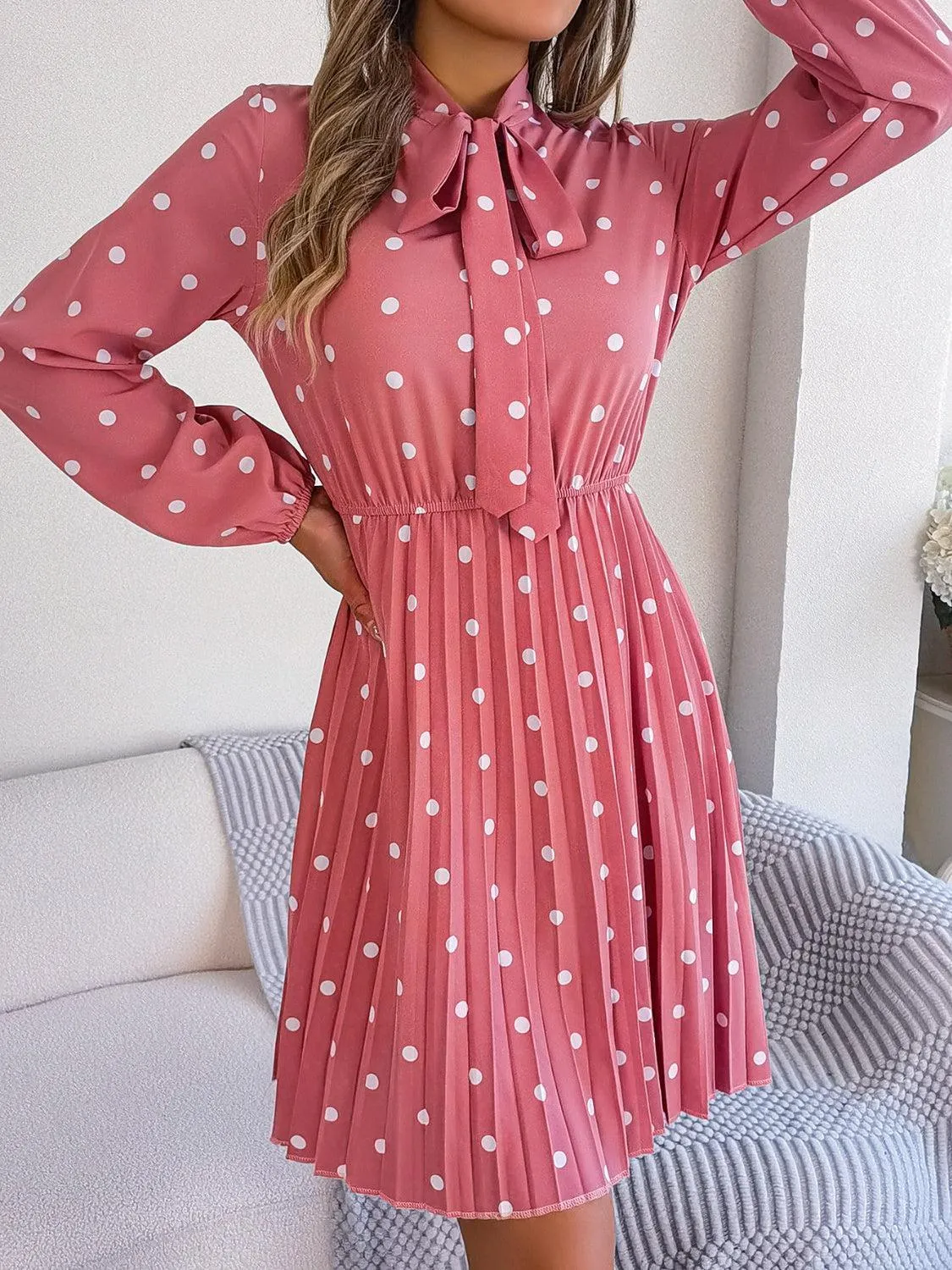 Classic Tie Mock Neck Pleated Polka Dot Dress