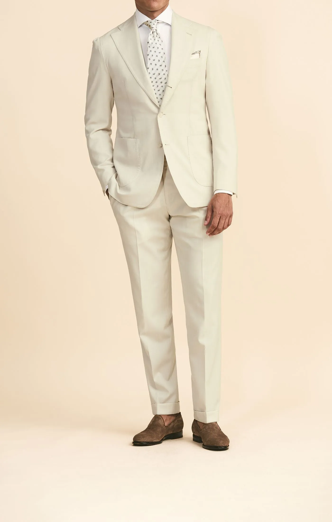 Drago Ivory Natural Bi Stretch S130 Tropical Wool Solaro Herringbone