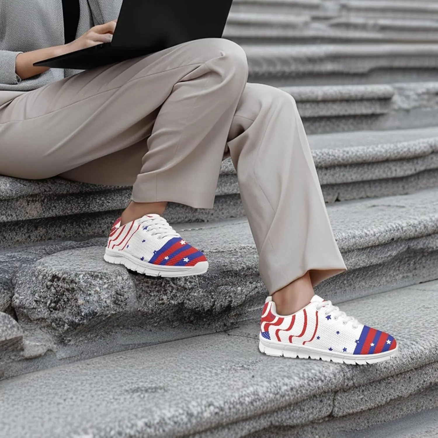 GIFTPUZZ Fourth of July Shoes Women Walking Shoes Casual Mesh Low Top Air Cushion Athletic Trainers Wide Width