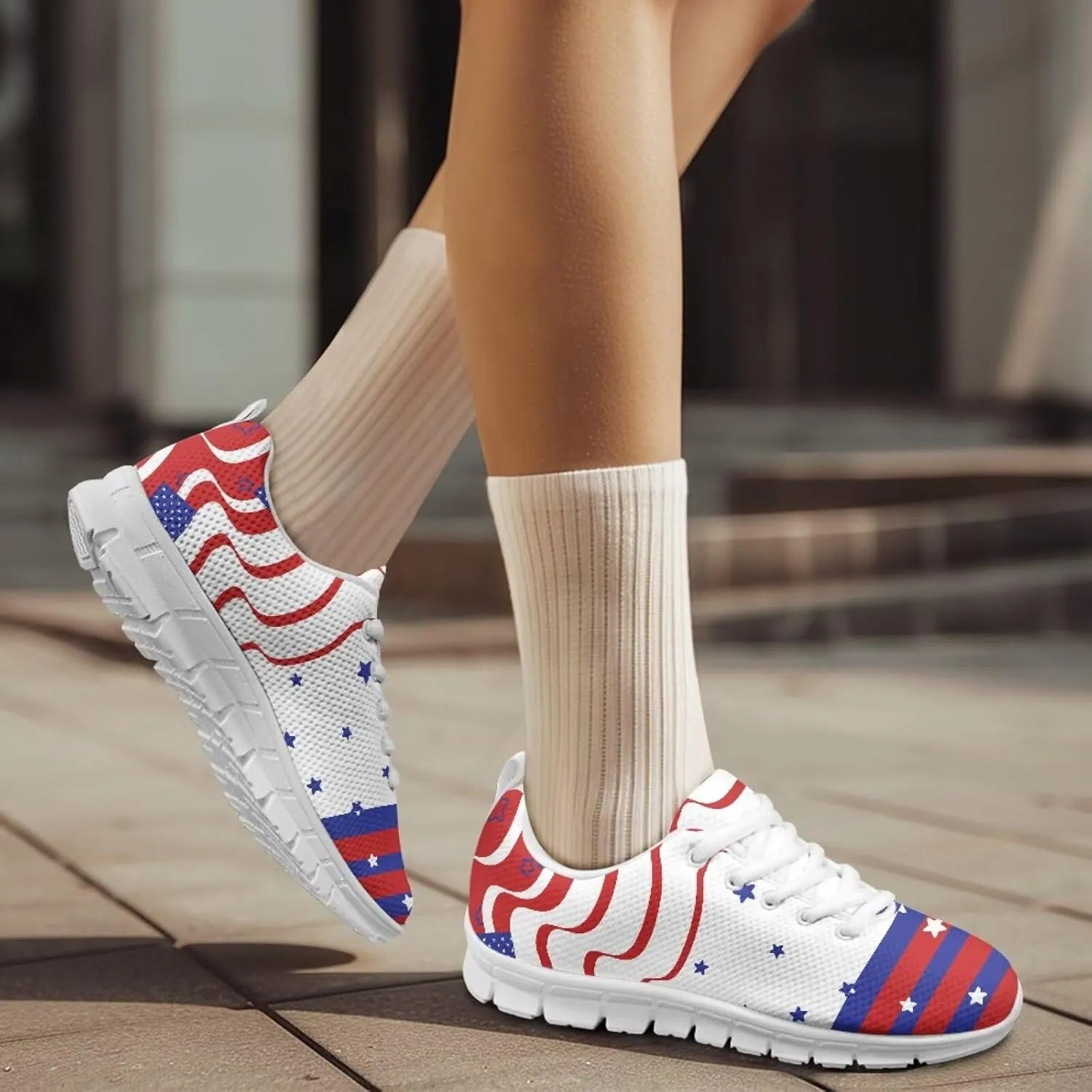GIFTPUZZ Fourth of July Shoes Women Walking Shoes Casual Mesh Low Top Air Cushion Athletic Trainers Wide Width