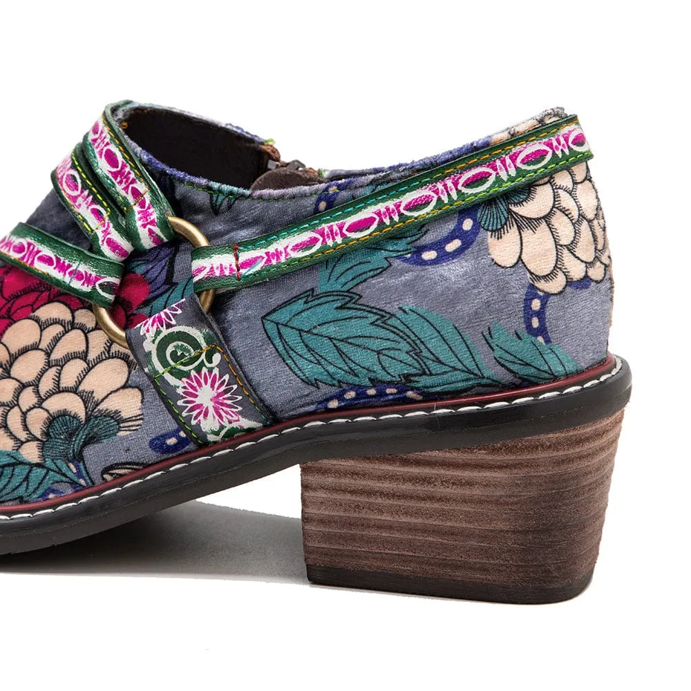 Hand Painted Leather & Velvet Panels Flat Retro Boots