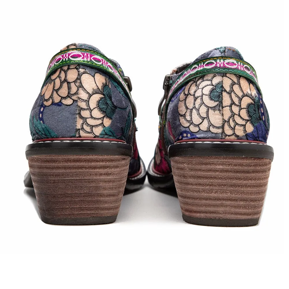 Hand Painted Leather & Velvet Panels Flat Retro Boots