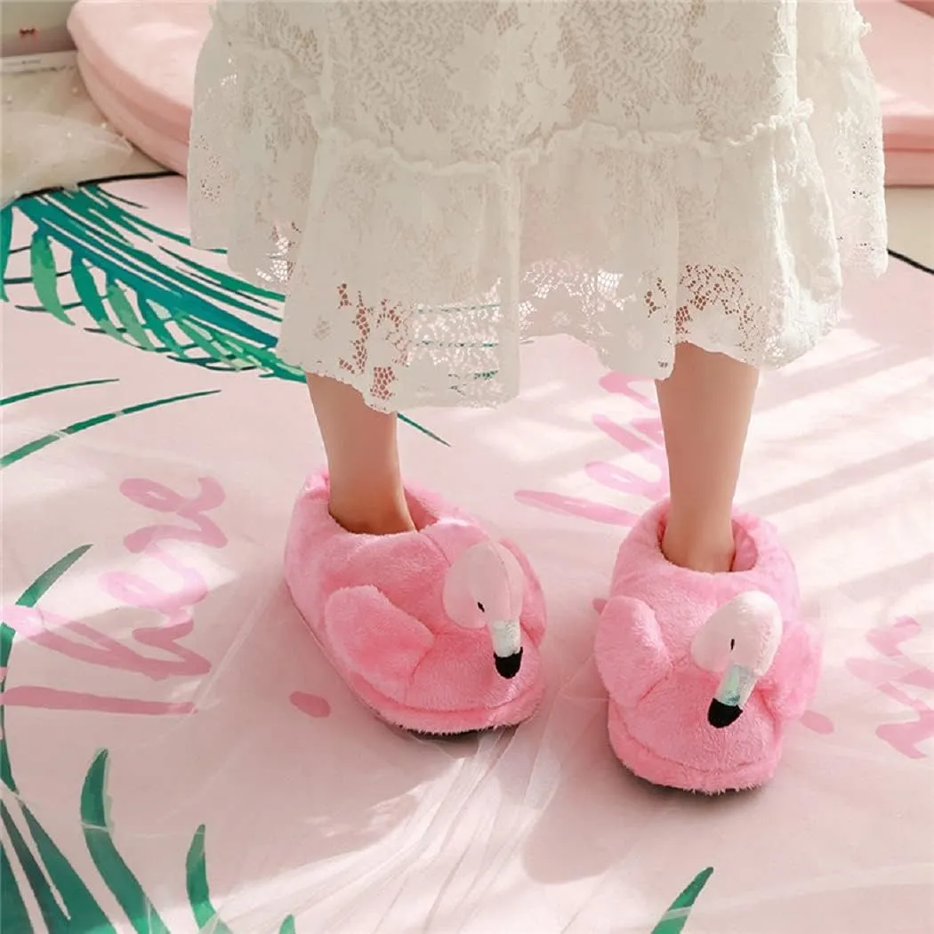 HANDKEI Women's cute fluffy flamingo slippers plush animal slippers warm home slippers soft and comfortable indoor slippers