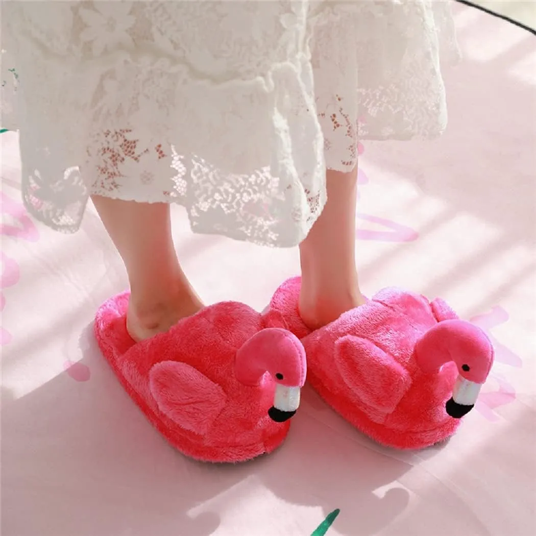 HANDKEI Women's cute fluffy flamingo slippers plush animal slippers warm home slippers soft and comfortable indoor slippers