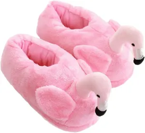 HANDKEI Women's cute fluffy flamingo slippers plush animal slippers warm home slippers soft and comfortable indoor slippers