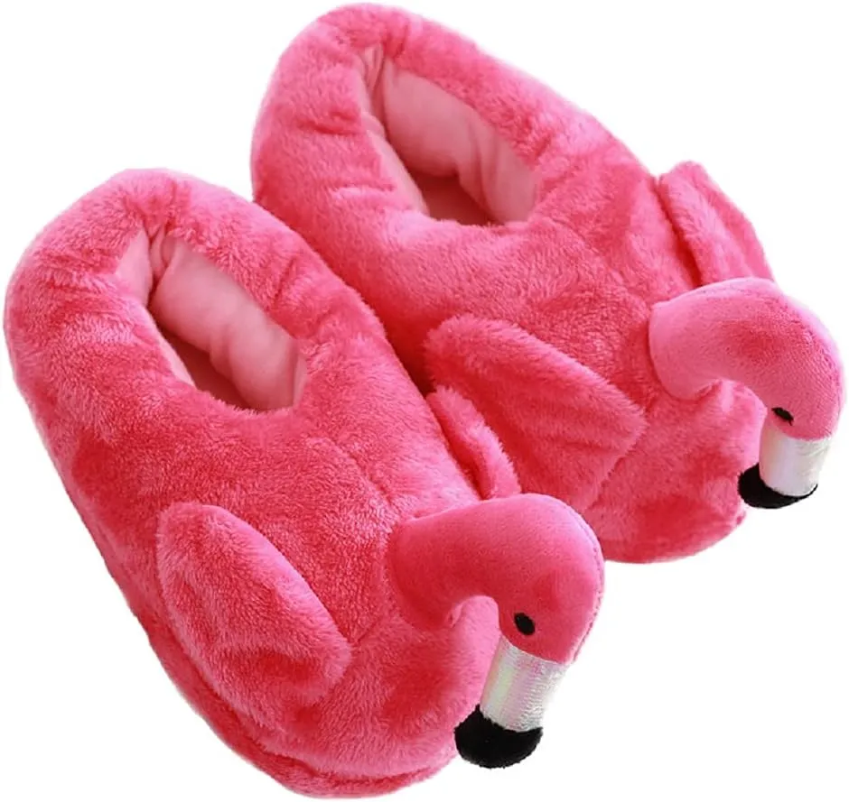 HANDKEI Women's cute fluffy flamingo slippers plush animal slippers warm home slippers soft and comfortable indoor slippers