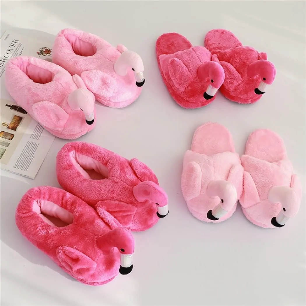 HANDKEI Women's cute fluffy flamingo slippers plush animal slippers warm home slippers soft and comfortable indoor slippers