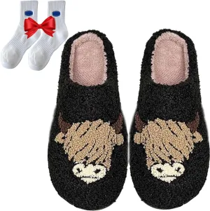 Highland Cow Slippers for Women, The Original Highland Cattle Slippers, Plush Scottish Highland Cow Animal Slippers Warm Non Slip Home Indoor Cow Slippers