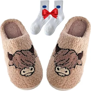 Highland Cow Slippers for Women, The Original Highland Cattle Slippers, Plush Scottish Highland Cow Animal Slippers Warm Non Slip Home Indoor Cow Slippers
