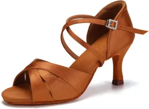 HIPPOSEUS Women's Satin Latin Dance Shoes Professional Indoors Ballroom Salsa Social Beginner Dance Practice Shoes,Model 3047