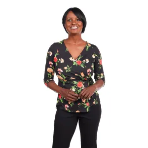 Inner Beauty 3/4 Sleeve Surplice Front V-Neck Black Floral Top