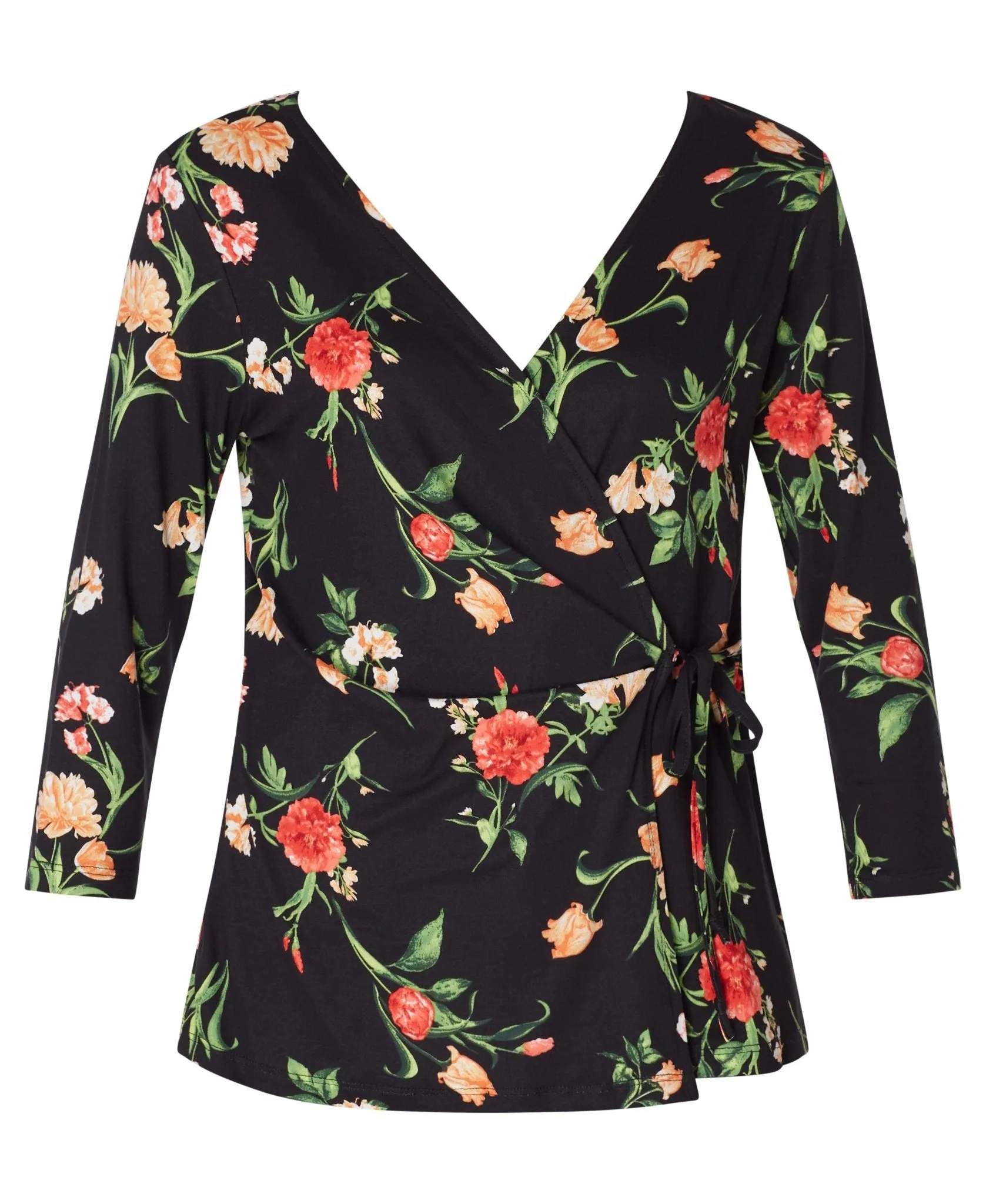 Inner Beauty 3/4 Sleeve Surplice Front V-Neck Black Floral Top