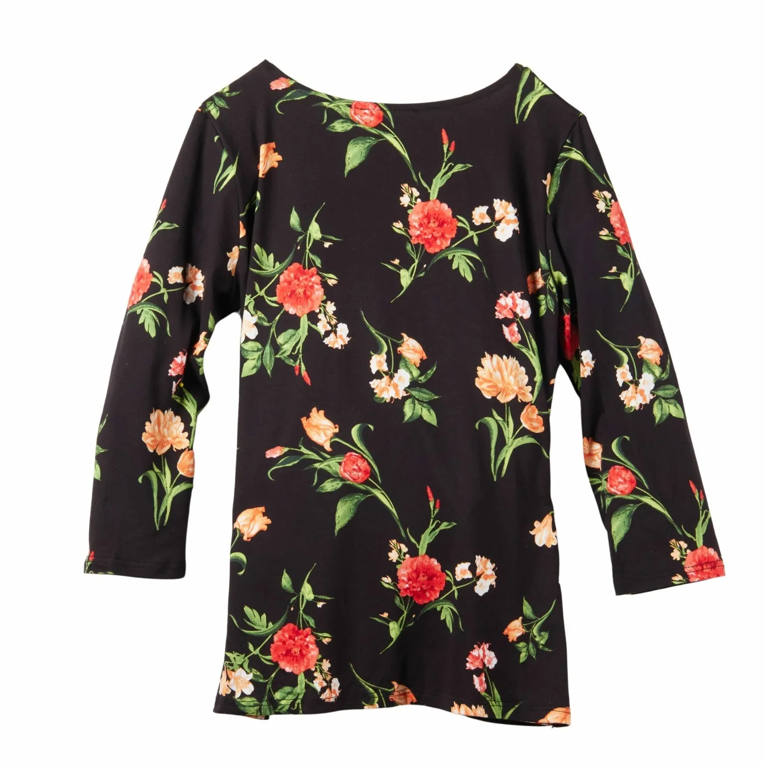Inner Beauty 3/4 Sleeve Surplice Front V-Neck Black Floral Top