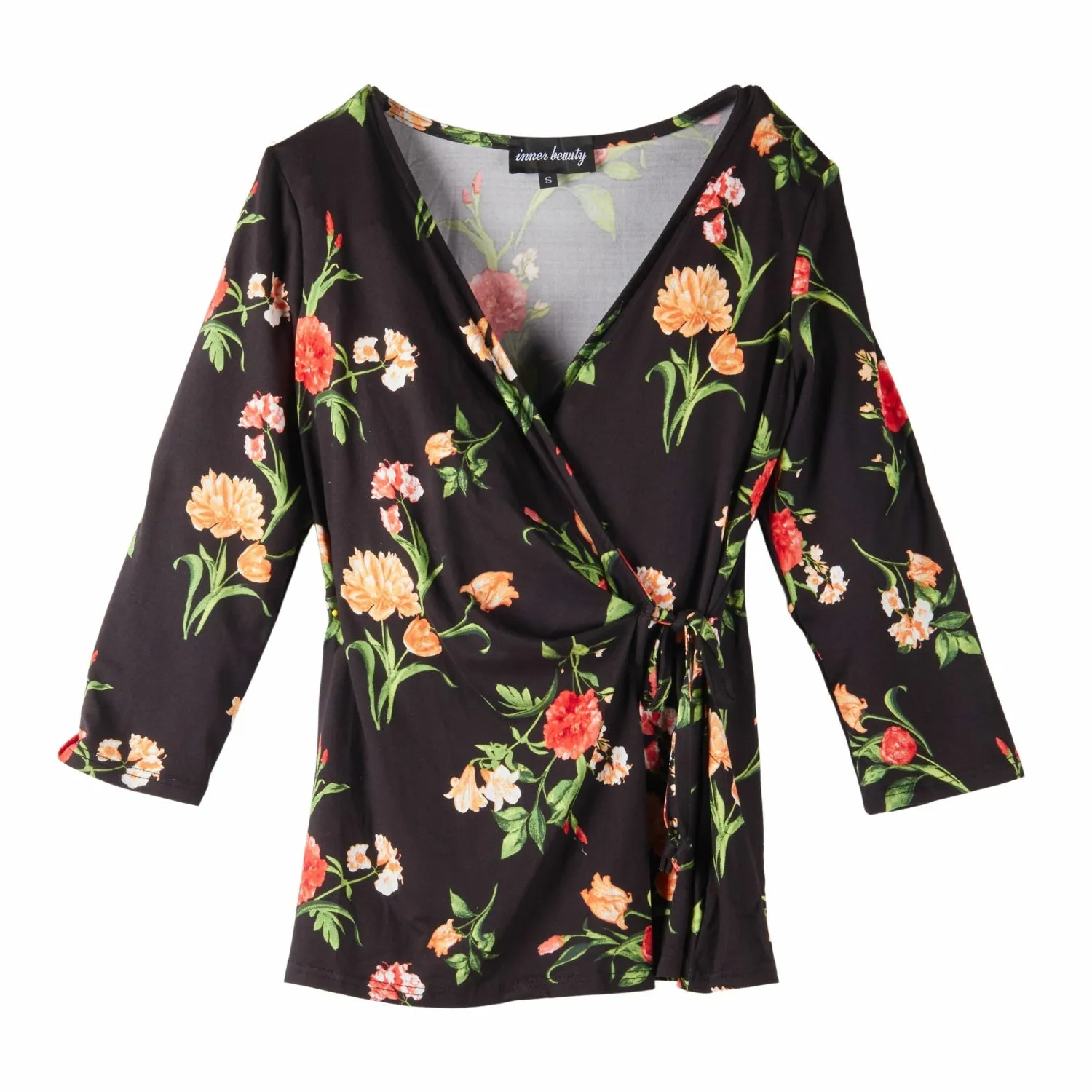 Inner Beauty 3/4 Sleeve Surplice Front V-Neck Black Floral Top