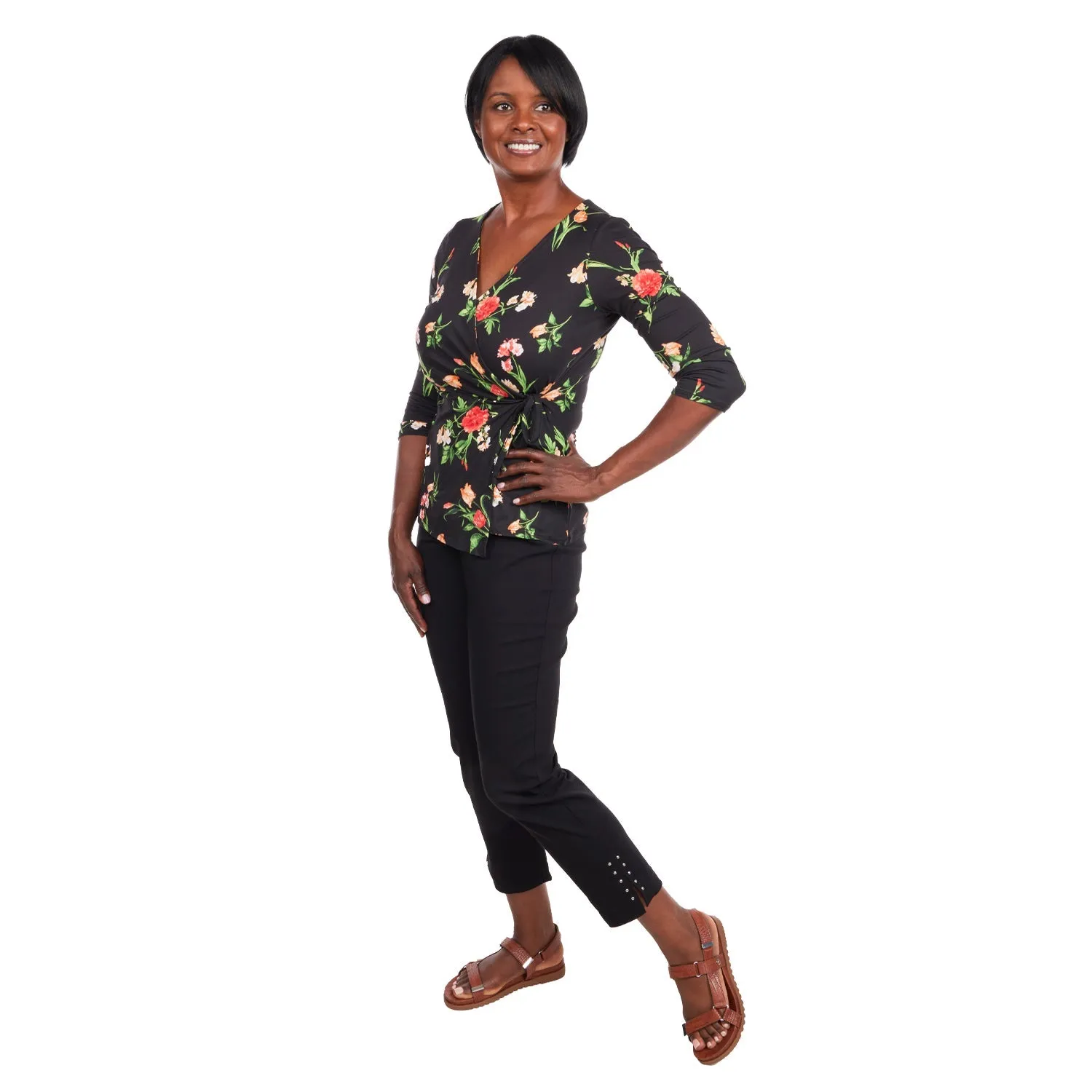 Inner Beauty 3/4 Sleeve Surplice Front V-Neck Black Floral Top