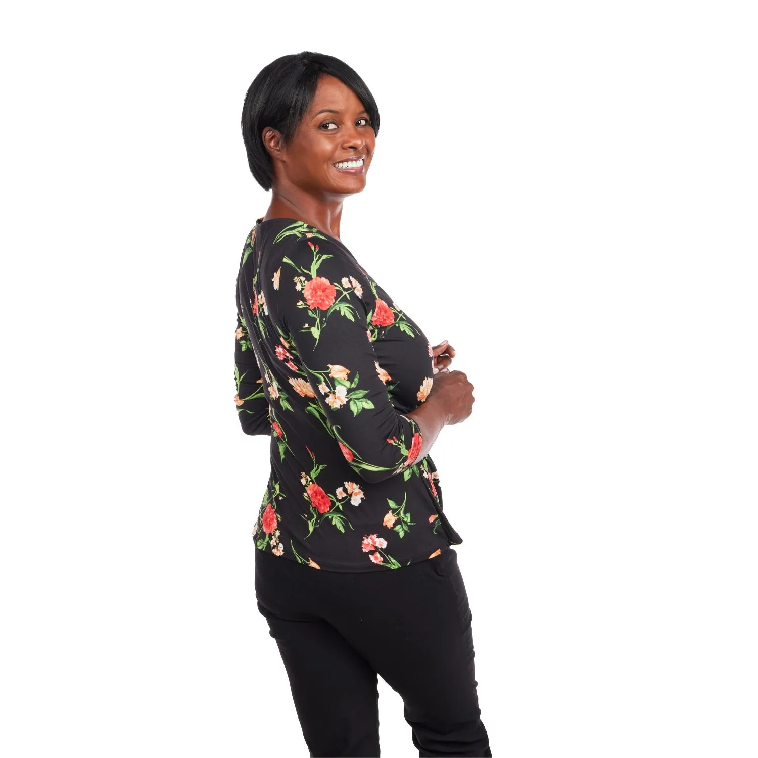 Inner Beauty 3/4 Sleeve Surplice Front V-Neck Black Floral Top