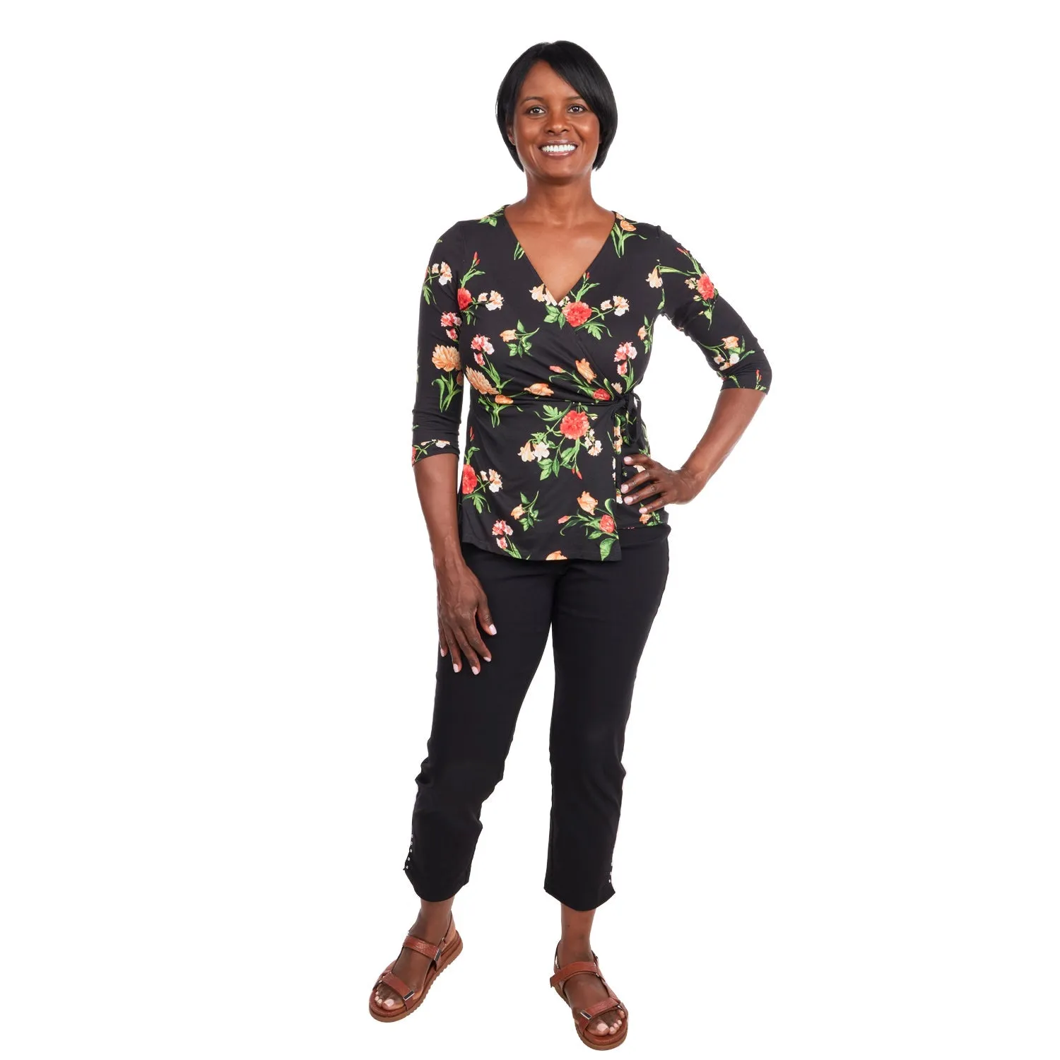 Inner Beauty 3/4 Sleeve Surplice Front V-Neck Black Floral Top