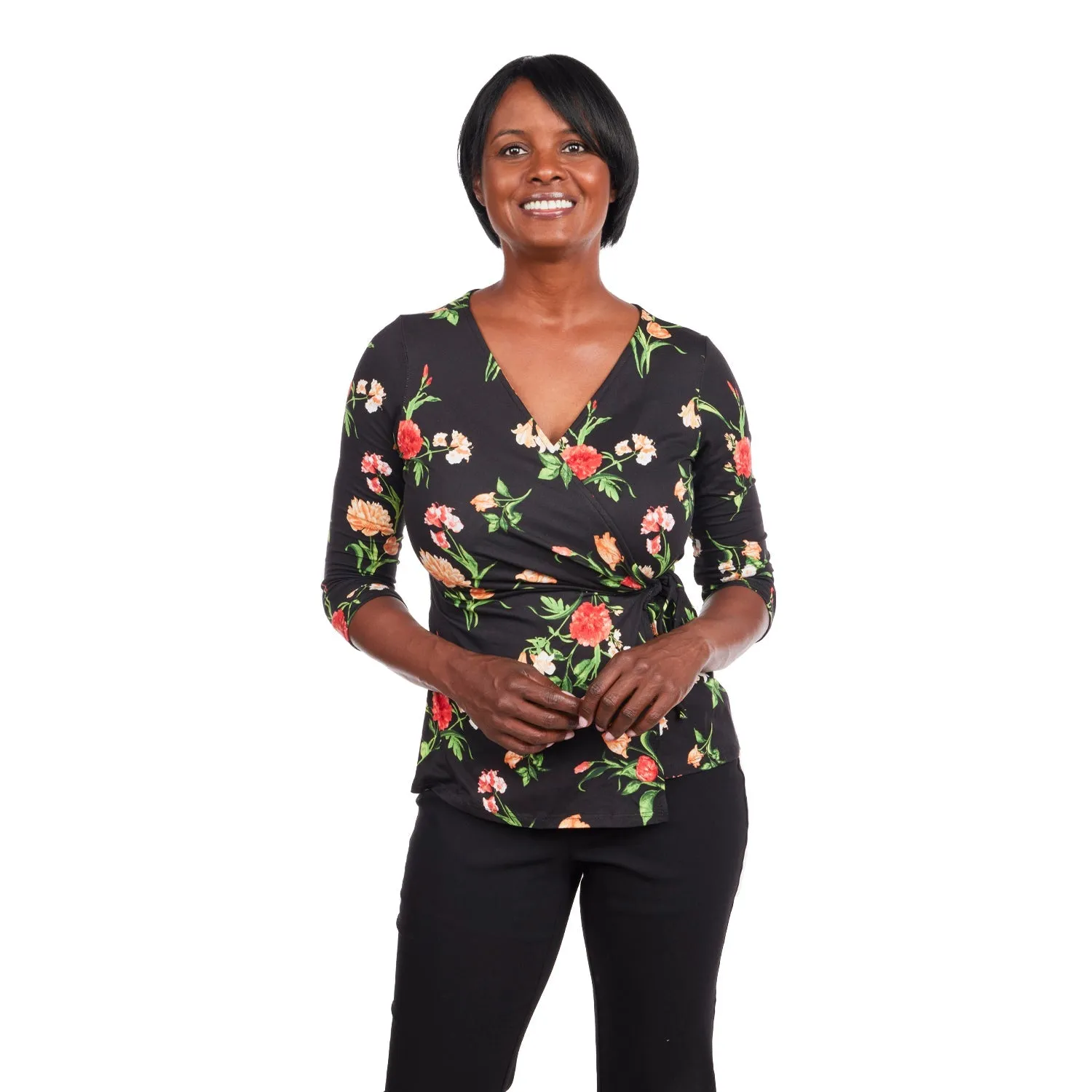 Inner Beauty 3/4 Sleeve Surplice Front V-Neck Black Floral Top