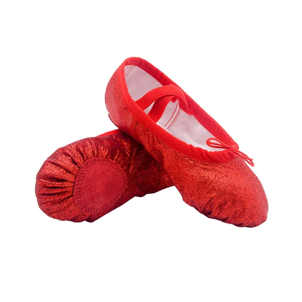 Kids Sneaker Slippers Girl Ballet Shoes Sole Ballet Slipper Yoga Flats Belly Dance Shoes Shiny PU Gym Shoes Anti Slip Kids Adults (Red Size 34) Sleepers Womens Slippers