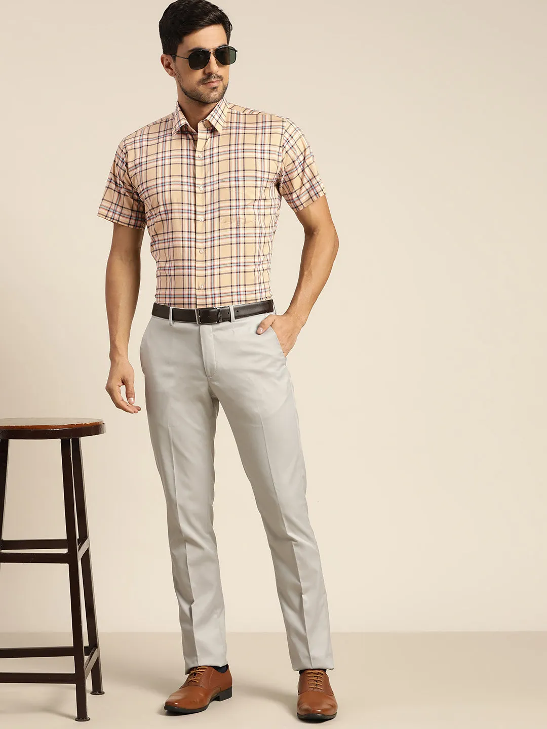 Men Beige Checked Pure Cotton Slim Fit Formal Shirt